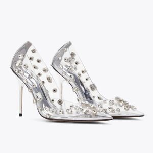 Good American Jeweled Emma Gem Pointy Toe Translucent Stiletto Heels Pumps